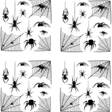 44-Piece Black Spider & Web Window Clings, 4 Sheets, Realistic Halloween Decor
