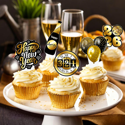 48 PCS 2026 Happy New Year Cupcake Toppers NYE Party Cake Decorations