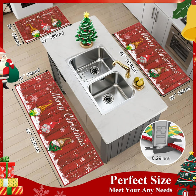 3-Piece Christmas Kitchen Rug Set – Santa Gnome Washable Non-Slip Mats