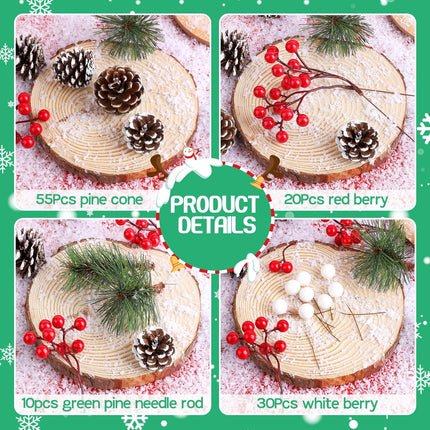 115Pcs Pine Cone Christmas Set, Natural Snow Pinecones & Berry Pine Branches Winter Holiday Decor