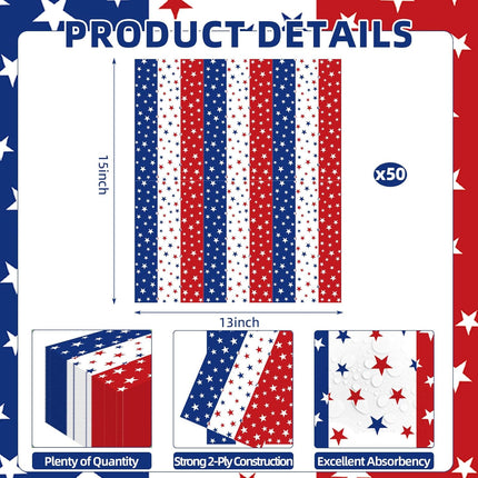 50 Count Patriotic Star Paper Napkins USA Flag Holiday Party Decorations