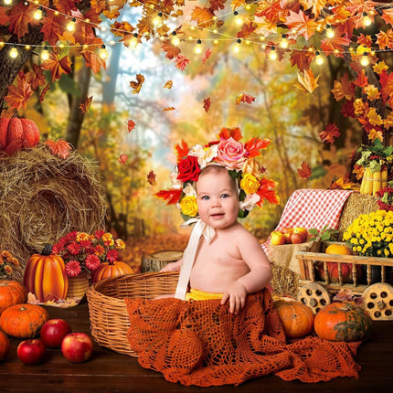 Fall Photography Backdrop 7x5FT – Autumn Maple Leaves, Pumpkins & Thanksgiving Decor