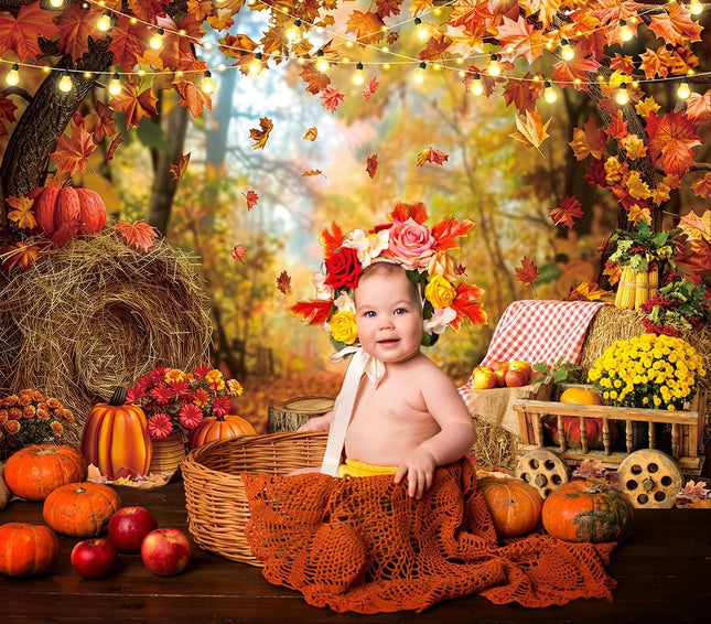 Fall Photography Backdrop 7x5FT – Autumn Maple Leaves, Pumpkins & Thanksgiving Decor