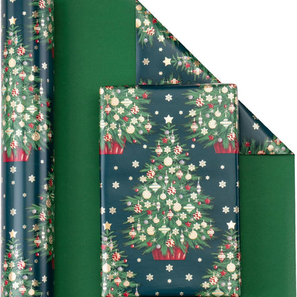 Holiday Wrapping Paper – 17"x33' Reversible Green Xmas Tree Gift Wrap Roll
