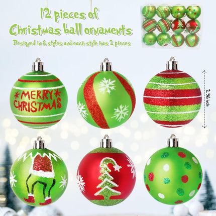 12PCS Glitter Christmas Balls, Red & Green Hanging Ornaments for Tree Decor