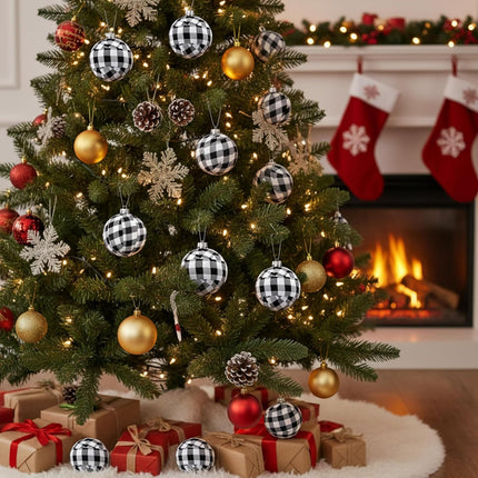 12PCS Buffalo Plaid Christmas Balls – Fabric-Wrapped Buffalo Check Ornaments for Bowl Filler