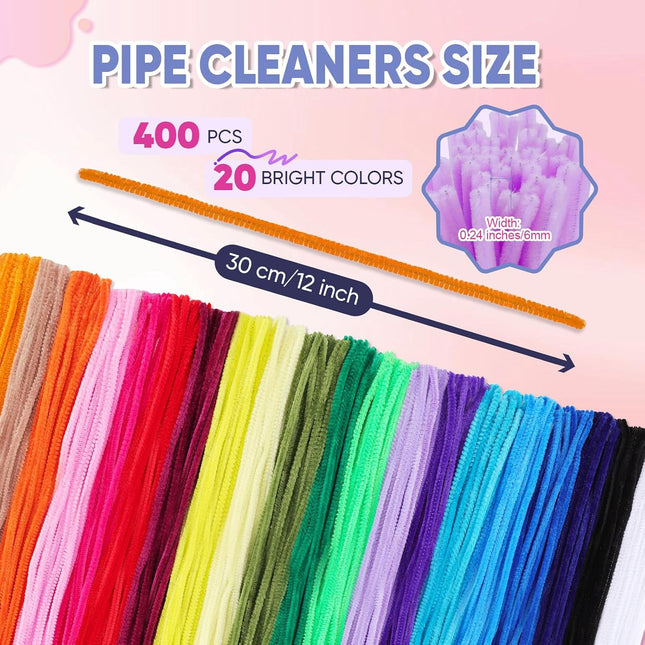 400 Pcs Chenille Pipe Cleaners for Crafts, 20 Colors Flexible Stems for DIY Flowers and Decor