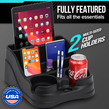 Small Center Console for Cars, Trucks & SUVs – Vehicle Organizer with Cup Holders (Black)