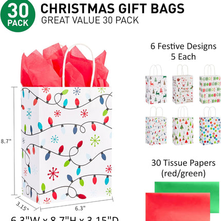 30-Pack Small Christmas Gift Bags Includes Tissue Paper, Holiday Party Favor
