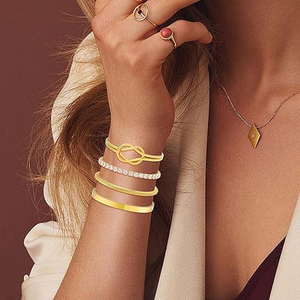 Gold Cuff Stack Bracelet Set for Women – 18K Gold Plated CZ Tennis & Love Bangle