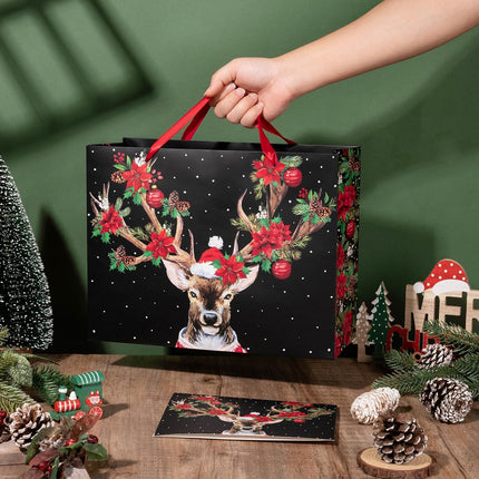 Christmas Gift Bags 13" | Reindeer & Poinsettia Paper Bags with Tissue & Card