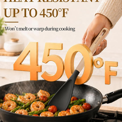 2 Pack Silicone Cooking Spoon with Wooden Handle, Heat Resistant Nonstick Safe