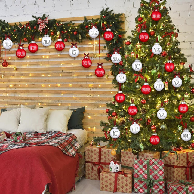 Merry Pattern Ball Christmas Ornaments, Hanging Decorations with Buffalo Plaid Bows Tree
