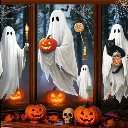 4-Sheet Large Halloween Ghost Window Clings 16.9x35.4in, Reusable Spooky Decals