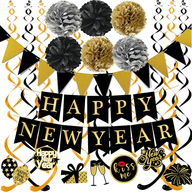 Happy New Year 2026 Hanging Bunting – Flags, Pom Poms & Swirl Garland