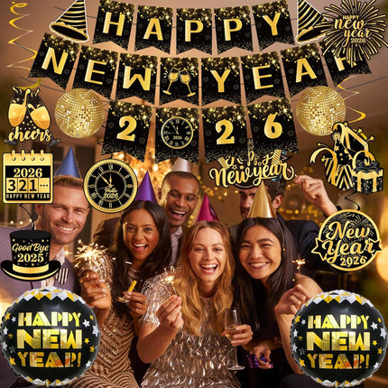 25-Piece 2026 New Year Party Supplies – Black & Gold Banner & Balloons