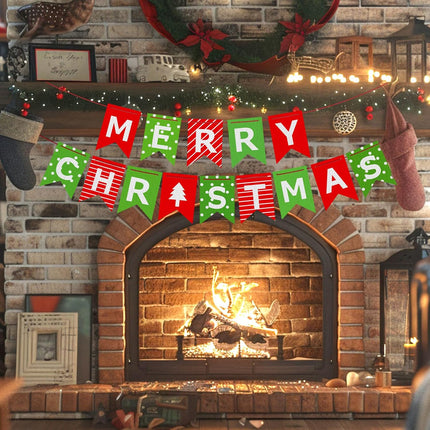 Merry Christmas Banner – Red Green Paper Sign for Fireplace, Wall & Window