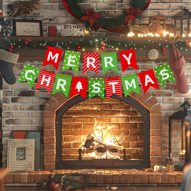 Merry Christmas Banner – Red Green Paper Sign for Fireplace, Wall & Window