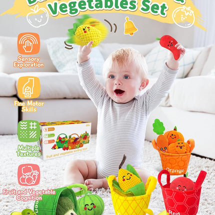 Montessori Baby Sensory Toys 16PCS Fruit Vegetable Sorting Set, Crinkle & Rattle