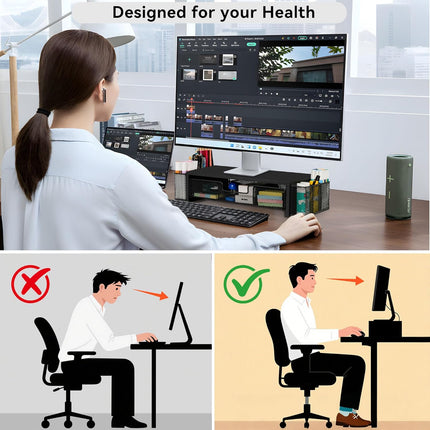 Computer Monitor Stand Riser with Drawer & Pen Holders – Desk Organizer (Black)