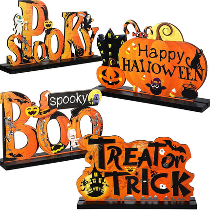 4-Piece Halloween Wooden Table Centerpieces, Pumpkin BOO Trick or Treat Signs