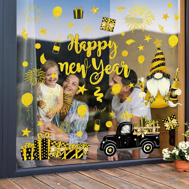 Happy New Year 2026 Window Decals – 6 Sheets Foil Gold Reusable Stickers