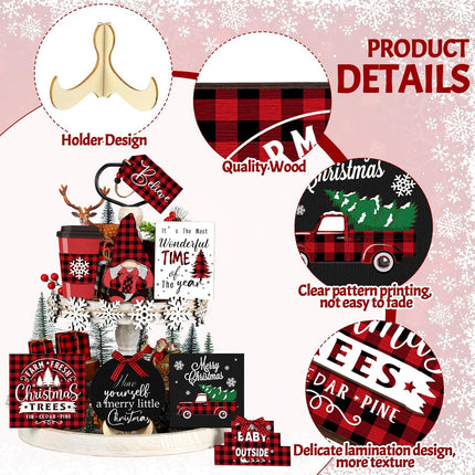 14-Pcs Christmas Tiered Tray Decor – Buffalo Plaid Snowflake Gnome Wooden Signs