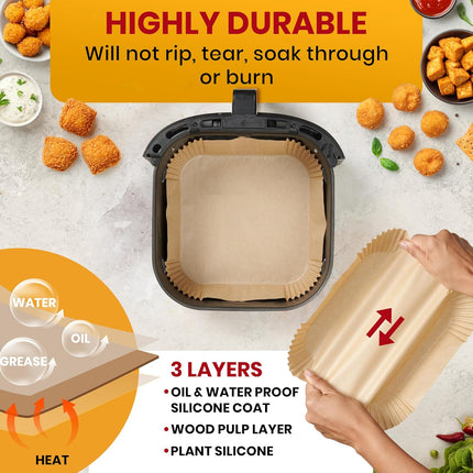 125PCS Air Fryer Paper Liners – Non-Stick, Oil-Proof, 8” Square, Easy Cleanup