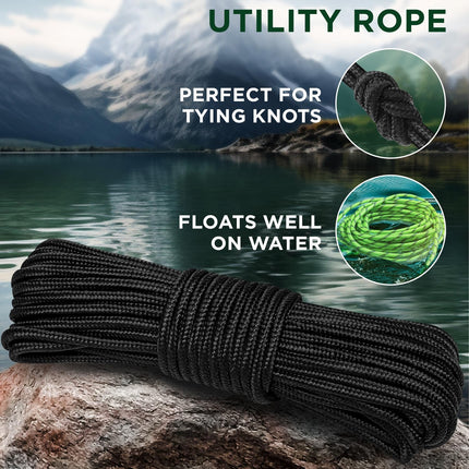 90-150 FT Polypropylene/Nylon Rope – 1/4" & 3/8", Diamond Braided, Black