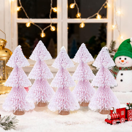 5PCS Mini Christmas Trees Pink Bottle Brush Trees with Wooden Base Decor