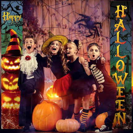 2-Piece Halloween Door Banners, Evil Pumpkin Witch Hat Porch Wall Hanging Decor