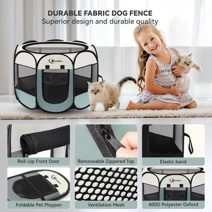 Portable Dog & Cat Playpen with Carrying Case for Small Pets (Grey)