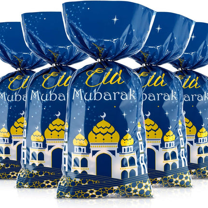 100 Pcs Eid Mubarak Gift Bags Blue Gold Clear Treat Bags with Twist Ties