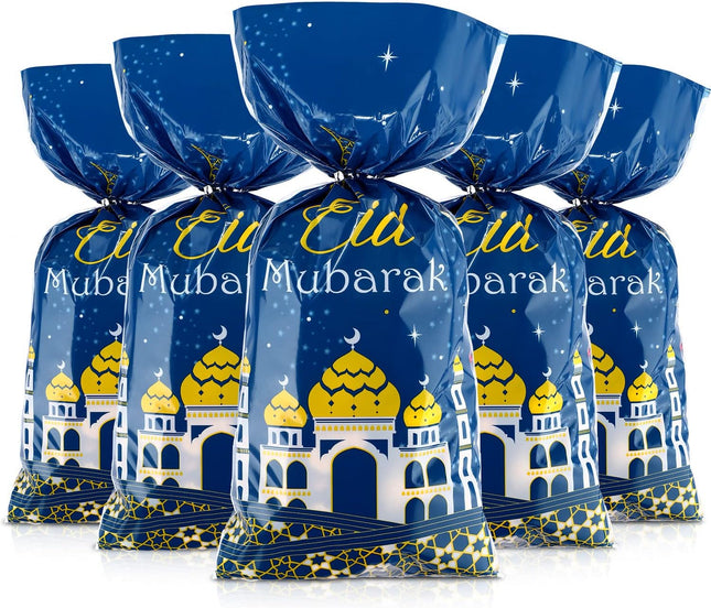 100 Pcs Eid Mubarak Gift Bags Blue Gold Clear Treat Bags with Twist Ties