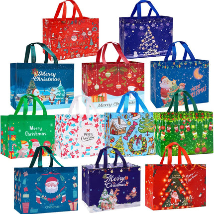 12-Pack Large Christmas Gift Bags Reusable Non-Woven Tote Bags for Holiday Gifts