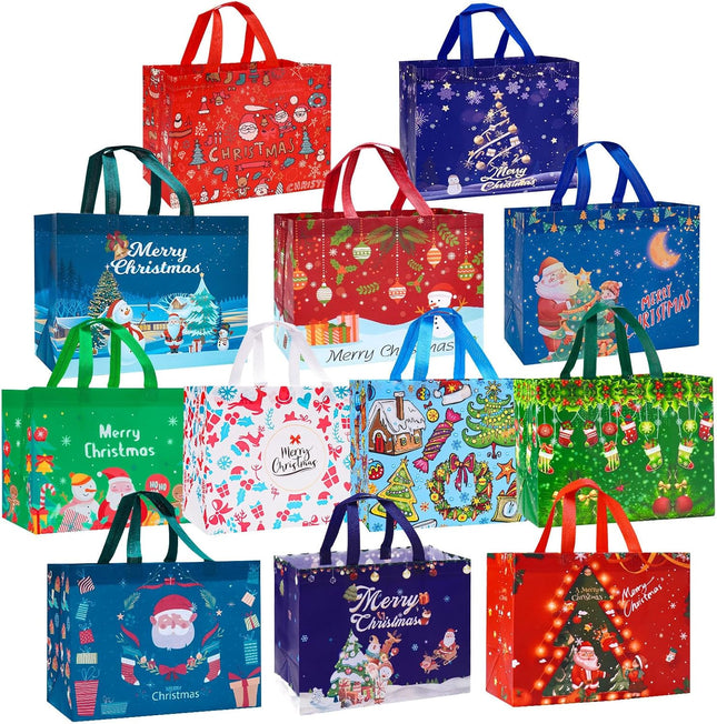 12-Pack Large Christmas Gift Bags Reusable Non-Woven Tote Bags for Holiday Gifts