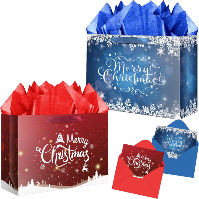 2 Pack Large Christmas Snowflake Gift Bags – With Tissue & Card (Red & Blue)