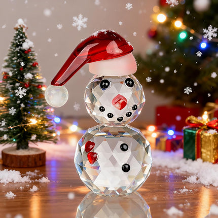 Christmas Glass Snowman Figurine | Red Hat Ornament & Paperweight