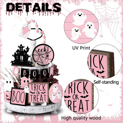 15-Piece Pink Halloween Ghost Tiered Tray Decor Set, Pastel Wooden Table Signs
