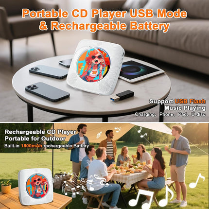 Portable CD Player with Bluetooth, Dual Speakers, Rechargeable 1800mAh