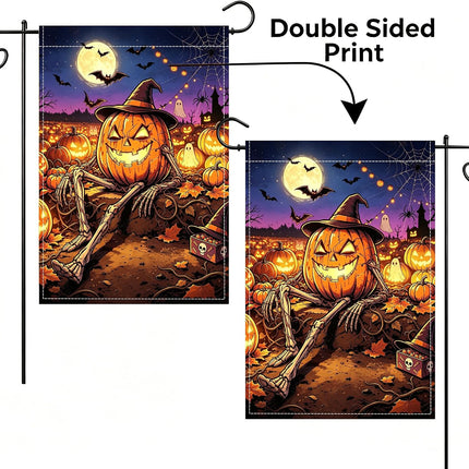 Halloween Pumpkin Skeleton Garden Flag 12x18in, Double-Sided Waterproof Yard Decor