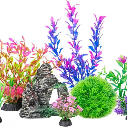 Aquarium Decor Set – Artificial Plants & Rock Cave for Goldfish/Betta