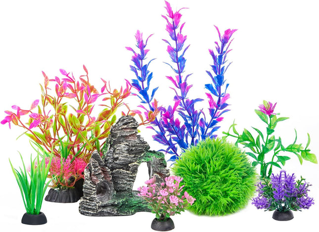 Aquarium Decor Set – Artificial Plants & Rock Cave for Goldfish/Betta
