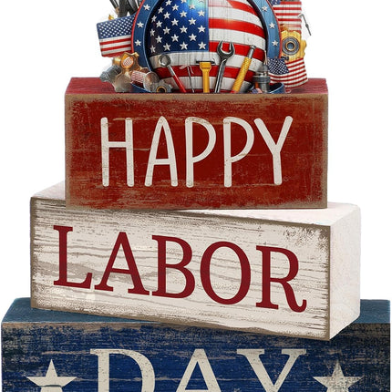 4 Pcs Labor Day Wooden Table Decor Patriotic Worker Block Centerpieces