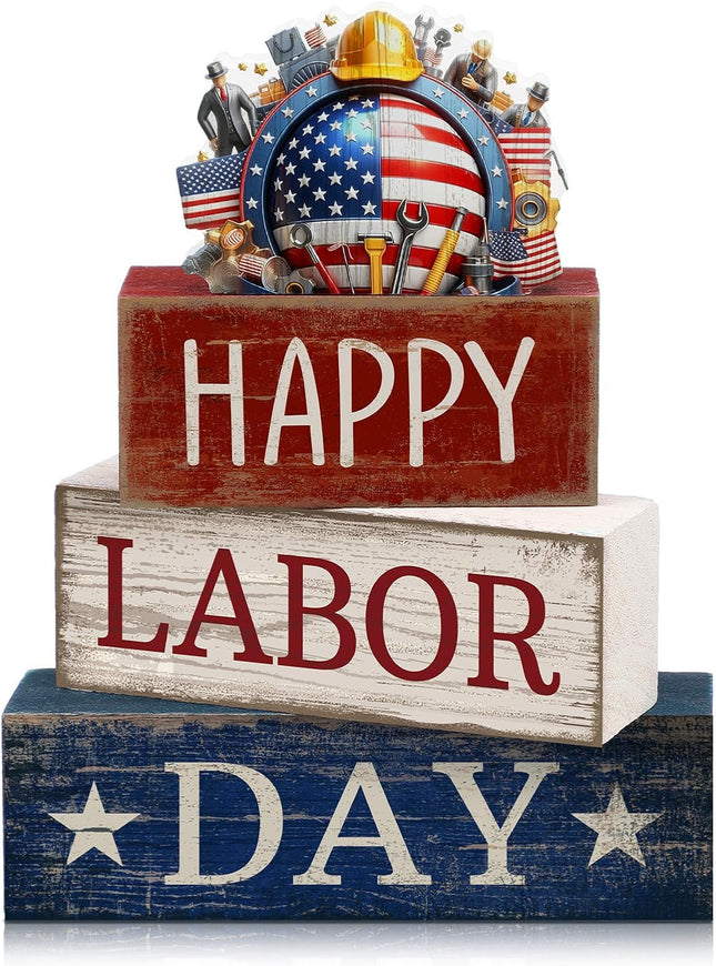 4 Pcs Labor Day Wooden Table Decor Patriotic Worker Block Centerpieces