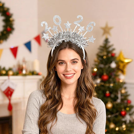Happy New Year 2026 Headband – Silver Star Glitter Hair Band for Party