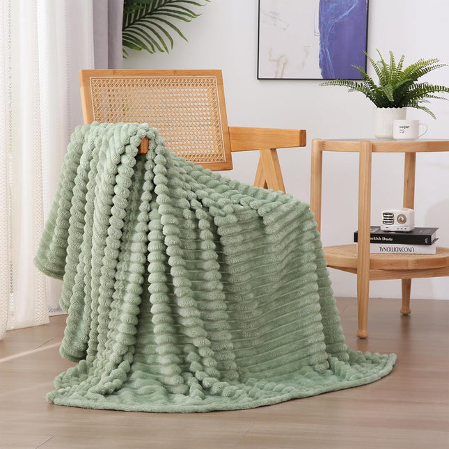 Sage Green Fleece Throw Blanket 50×60 – Soft Plush Microfiber, Striped
