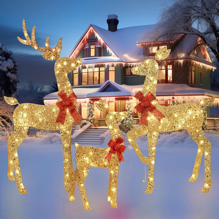 3-Piece 2D Lighted Deer Set with 145 LEDs, Outdoor Xmas Yard Decoration, Gold