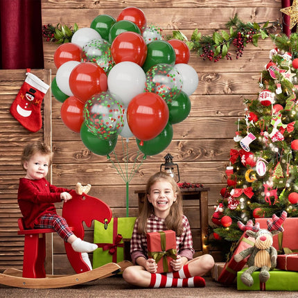 65PCS Christmas Balloons Set – 12" Red, Green & White Latex and Confetti Balloons