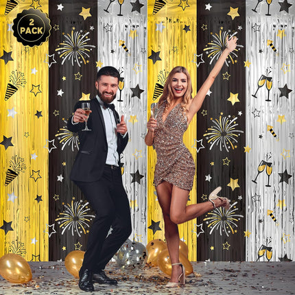 New Year 2026 Party Decorations – 2-Pc Metallic Tinsel Foil Fringe Curtains
